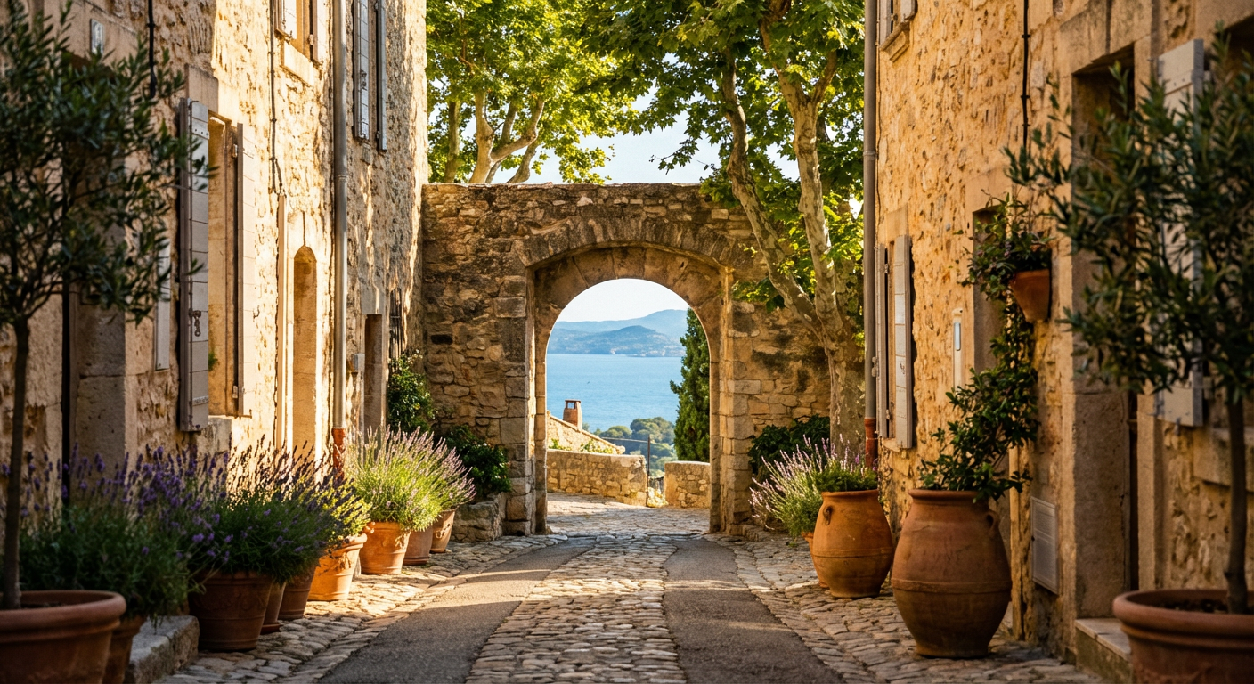 Valbonne village street with aged stone walls